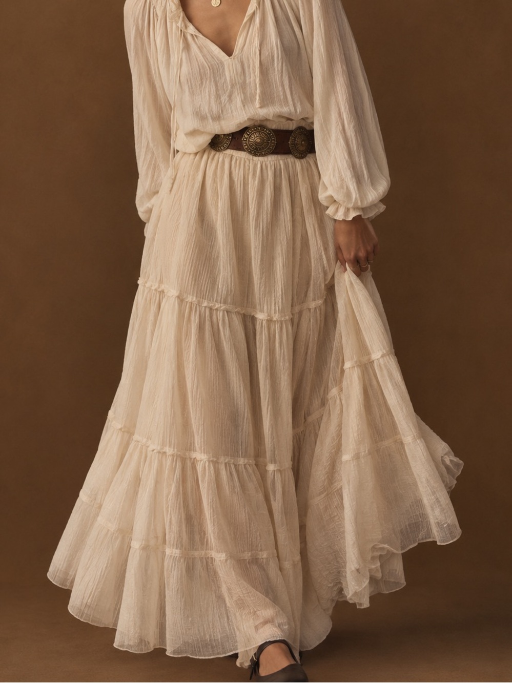 LC Lauren Conrad Cream Tiered Maxi Skirt